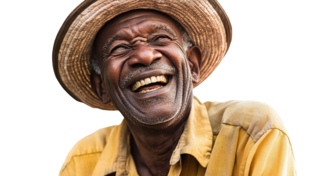 Joyful elderly man with a straw hat smiling warmly against a bright background during a sunny day. - Powered by Adobe