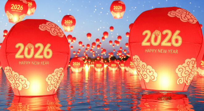 Floating red lanterns with 2026 happy new year illuminate reflective water at dusk. isolated on white background, Vector - Powered by Adobe