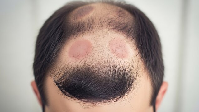 Close-up of a mans head showing hair loss and bald spots.