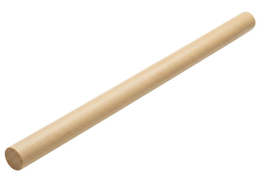 Isolated wooden dowel rod laying at an angle, smooth and straight, with visible wood grain