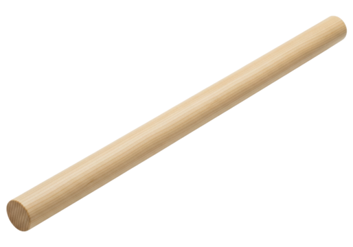 Isolated wooden dowel rod laying at an angle, smooth and straight, with visible wood grain