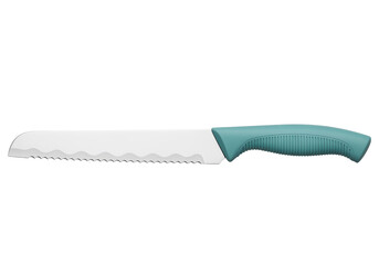 Isolated serrated utility kitchen knife for food prep with textured turquoise handle grip