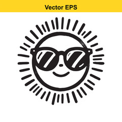 Fototapeta premium Cute hand drawn sun face wearing sunglasses in doodle style isolated on white background