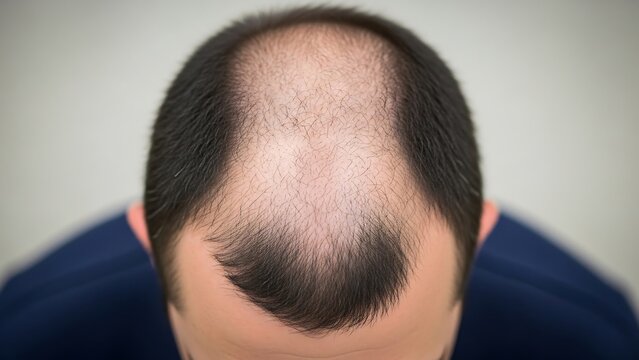 Close-up of balding head showing hair loss and thinning.
