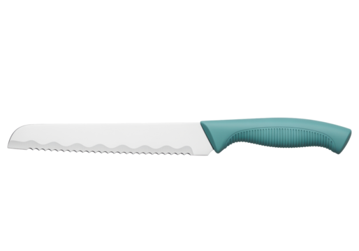 Isolated serrated utility kitchen knife for food prep with textured turquoise handle grip