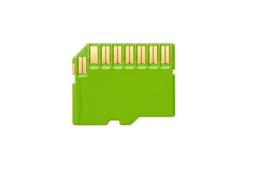 Isolated green MicroSD memory card is small and portable for electronics like phones and laptops