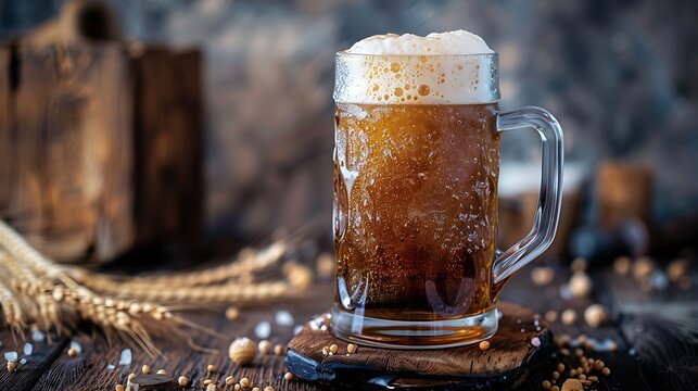 A mug of dark beer with a thick foamy head sits on a wooden coaster with wheat and grains around it - Powered by Adobe