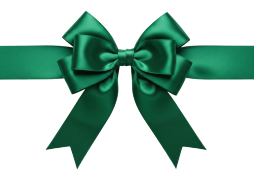 Isolated Emerald Green Satin Ribbon Bow with Horizontal Streamer Decoration, Celebration Present