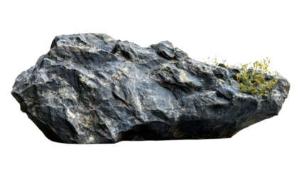 This natural rock displays a rough texture with small green plants thriving on its surface under bright sunlight.