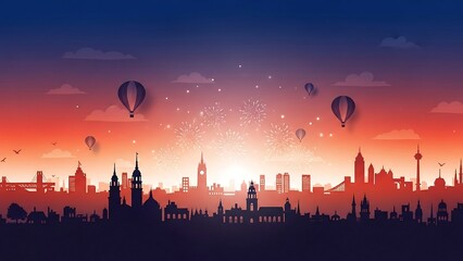 Cityscape Silhouette with Hot Air Balloons at Sunset.