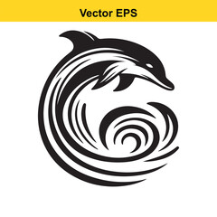 Stylized black and white vector logo of a dolphin jumping in a circular wave