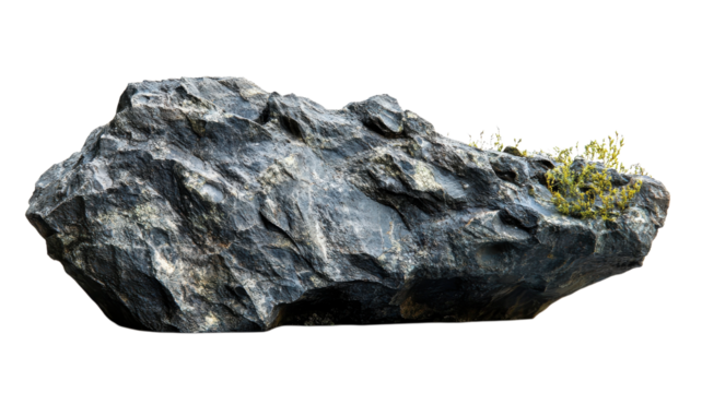 This natural rock displays a rough texture with small green plants thriving on its surface under bright sunlight.
