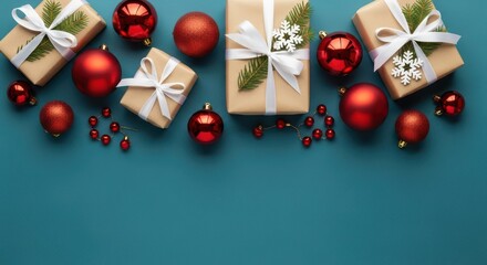 Christmas gift box and ornament border on teal background