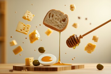 Components of Turkish breakfast floating in air: slices of bread, olives, cheese cubes, honey, boiled egg