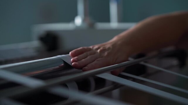 A hand gently corrects stretched textile threads running over metal guiding rods, highlighting controlled movement, smooth fibers and the calm precise workflow of the weaving setup