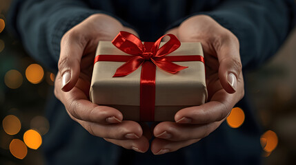 Hands gently holding a small, wrapped gift adorned with a red ribbon and bow, with bokeh lights in the background.