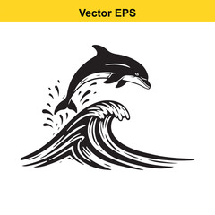 Black and white vector graphic of a dolphin jumping over a large ocean wave