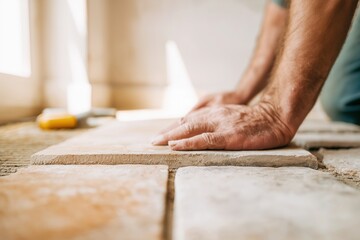 Hands placing ceramic tiles on floor, construction process, home improvement