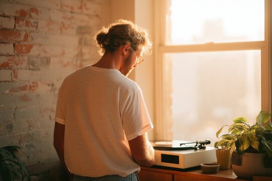 Man enjoying music on vintage turntable in cozy room with sunlight