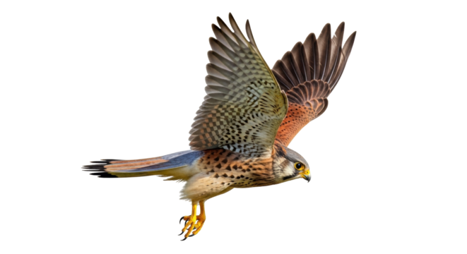Isolated Kestrel in flight with wings spread, striking yellow eyes, and mottled plumage