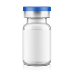 Transparent glass vial for injections mockup. Vector illustration isolated on white background. Can be use for medicine, cosmetic and other. Ready for your design. EPS10.