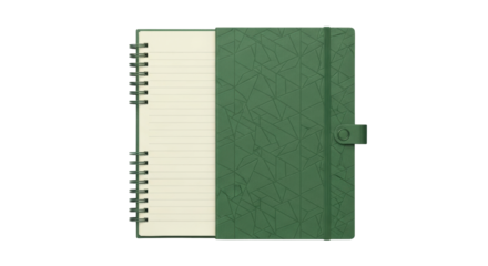 Isolated open spiral notebook with green patterned cover ready to be used or sketched on