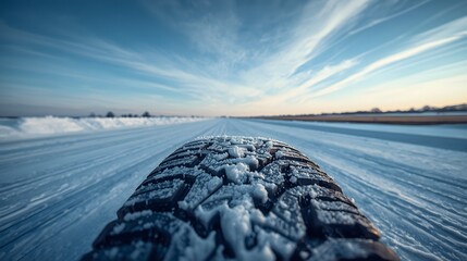 Obraz premium winter tire close up on rural snow road with negative space for advertising campaigns