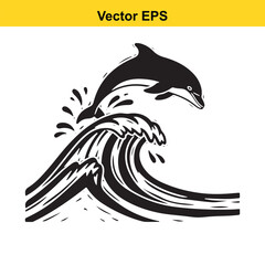 Black and white vector illustration of a dolphin jumping over a large ocean wave
