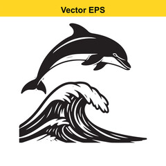 Black and white vector illustration of a dolphin jumping over a large ocean wave