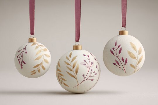 Three elegant white Christmas ornaments with delicate gold and burgundy botanical designs, hanging on burgundy ribbons against a plain light background. Festive holiday decoration