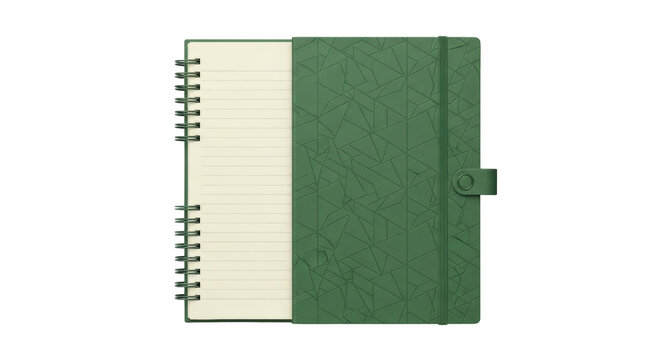 Isolated open spiral notebook with green patterned cover ready to be used or sketched on