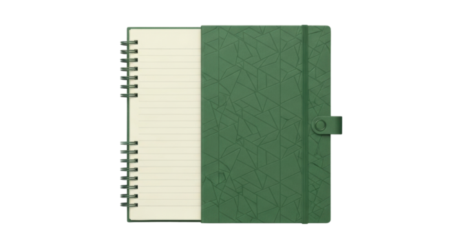 Isolated open spiral notebook with green patterned cover ready to be used or sketched on