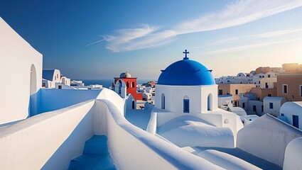 Stunning view of Santorini with white buildings and blue dome under a clear sky at sunset