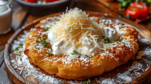 Close up of a langos on a wooden plate topped with sour cream and shredded cheese and green herbs