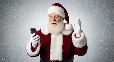 Image of Santa in costume, looking surprised at a phone he holds, raising his other hand, over snowy backdrop, representing modern holiday communication