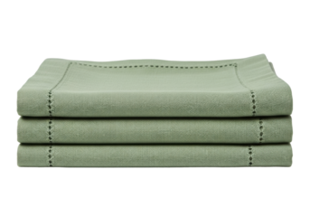 Isolated stack of sage green linen napkins with hemstitch detail for table setting