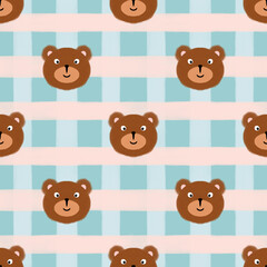 Seamless pattern with cute bear head on checkered background, kids geometric illustration.