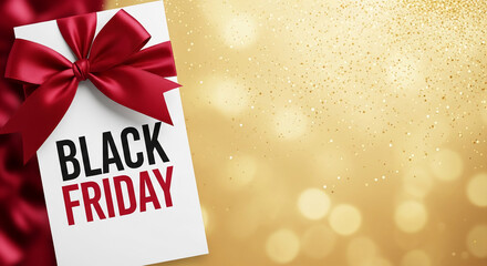 Image of white card with red ribbon, promoting sale event. Gold glitter background adds festive feel, representing shopping discounts and holiday deals.