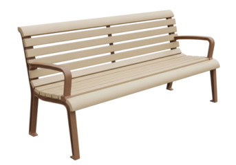 Isolated park bench with armrests facing right, outdoor seating, city street, urban landscape
