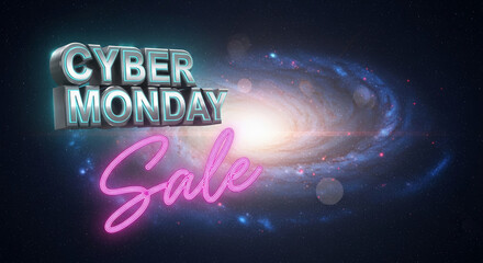 Metallic "Cyber Monday" text with neon "Sale" sign against starry galaxy backdrop, promoting shopping event with cosmic theme and futuristic feel
