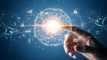 Hand touching a spherical digital network projection of light. Represents innovation, big data, global connection, cloud computing, and future technological potential.