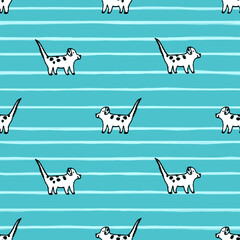 Seamless pattern with lineart dog and striped background, accessories design.