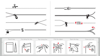Fototapeta na wymiar A set of icons for opening zip locks, tear notch on packaging. Zip and scissors vector icon set. Each icon perfect for your food bags, clothes vacuum bags, handbags, slider bags, ziplock bag. EPS10.