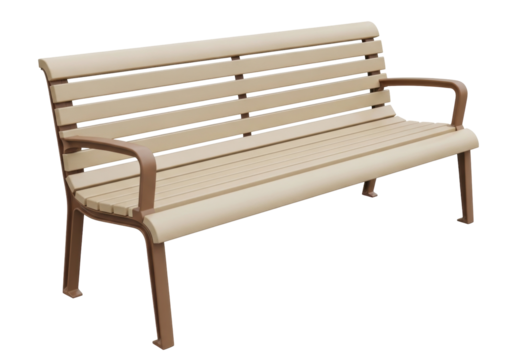 Isolated park bench with armrests facing right, outdoor seating, city street, urban landscape