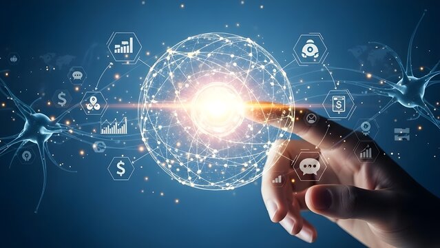 Hand touching a spherical digital network projection of light. Represents innovation, big data, global connection, cloud computing, and future technological potential.