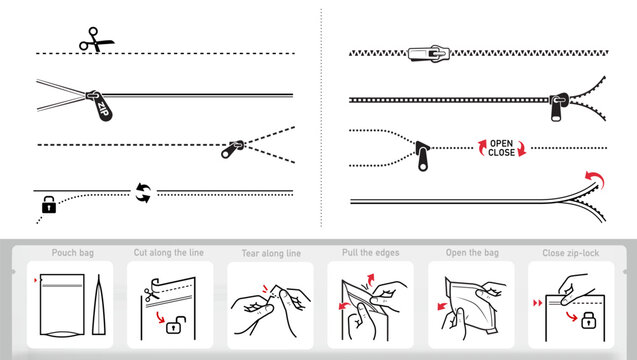 A set of icons for opening zip locks, tear notch on packaging. Zip and scissors vector icon set. Each icon perfect for your food bags, clothes vacuum bags, handbags, slider bags, ziplock bag. EPS10.