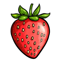 Obraz premium A bright red strawberry with green leaves sits against a plain background, showcasing its vibrant color and texture.