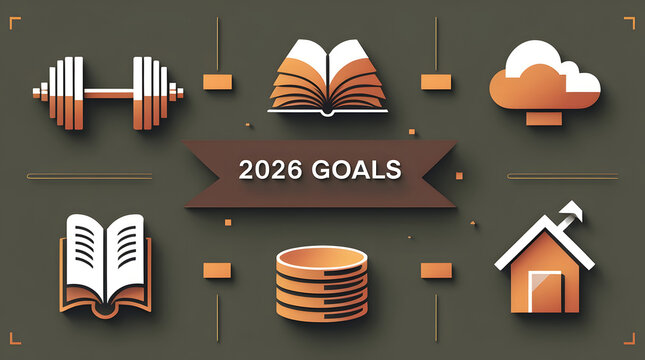 2026 goals concept with icons for fitness, education, finance, and home