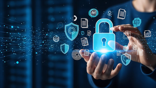 Hand holding a glowing lock icon surrounded by digital security symbols. Concept of cyber security, data privacy, firewall protection, and Information Technology (IT) solutions.