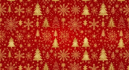 Elegant golden christmas trees and sparkling snowflakes create a festive and luxurious seamless pattern on a vibrant red background, perfect for holiday designs and winter celebrations